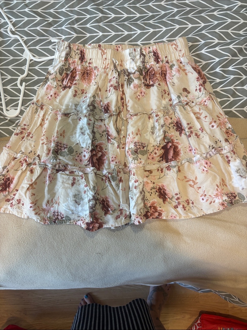 Ardene Cream Floral Tiered Skirt with Pink and Green Accents